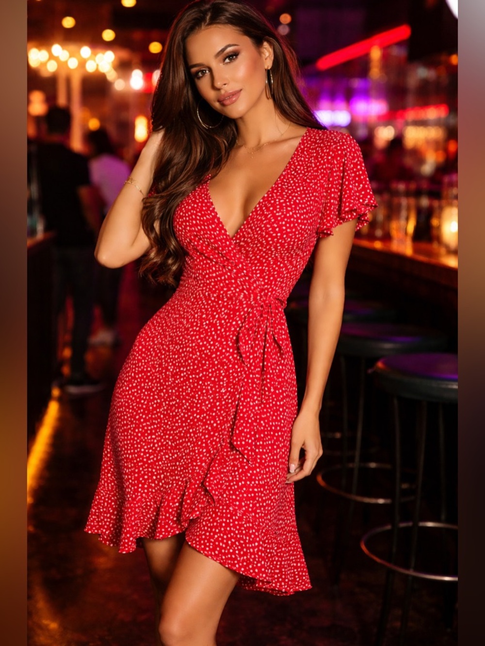 SHEIN Red with White Polka Dot Ruffle Maxi Dress
